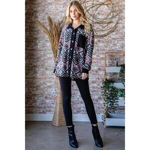 EJ6706-19 BUTTON DOWN SHACKET: 2-2-2 (1X-2X-3X) / CHARCOAL MULTI